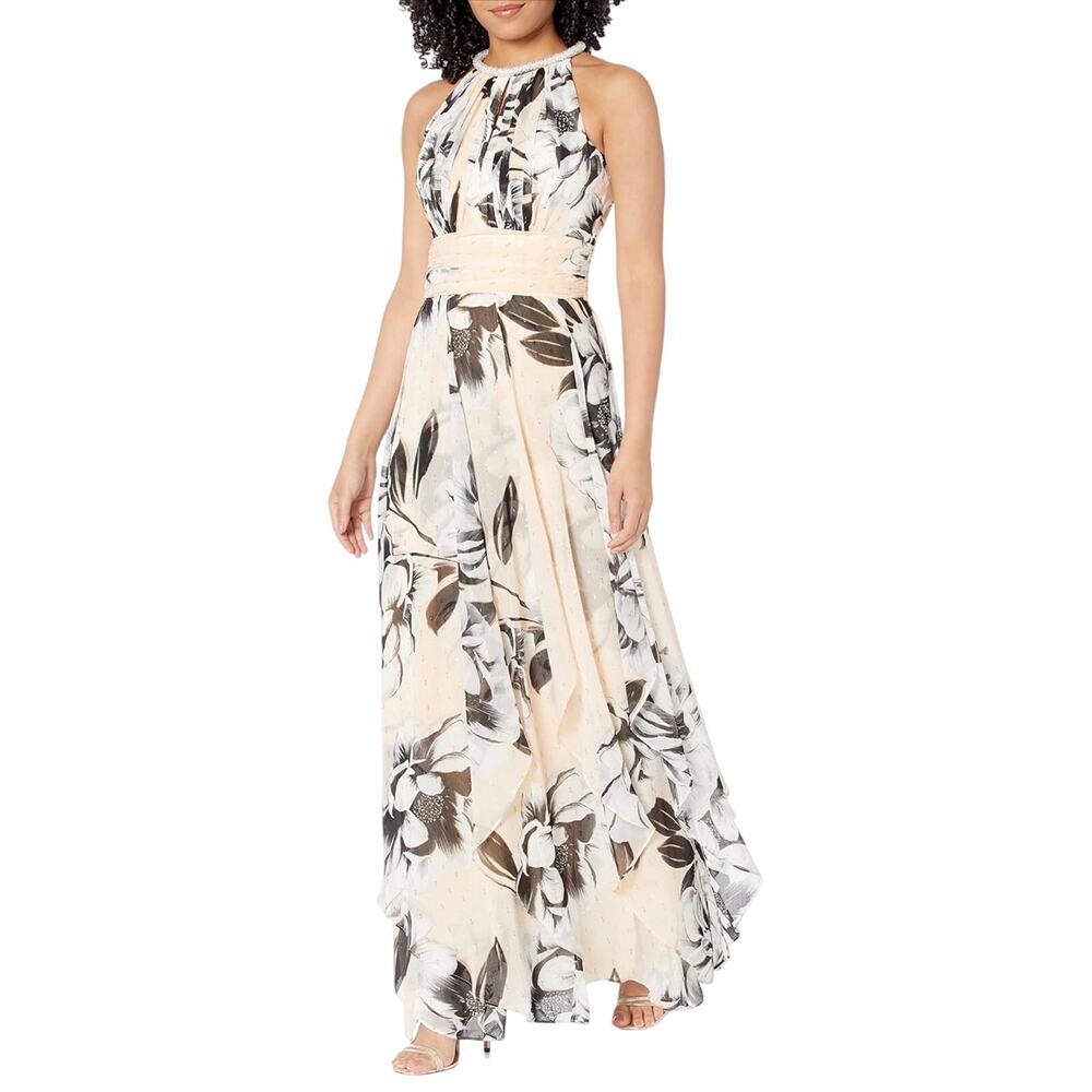 Calvin Klein Beaded Halter Neck Gown Tropical Floral Gold Metallic Accent Sz 12